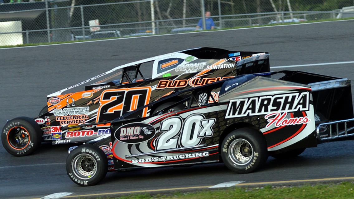 Bucko Branham (#20, outside) and Jamie LaFountain (#20X, inside) are among the seven different J&amp;S Steel Modified feature winners at Airborne Park Speedway in 2015.  (Kyle Coryea photo)