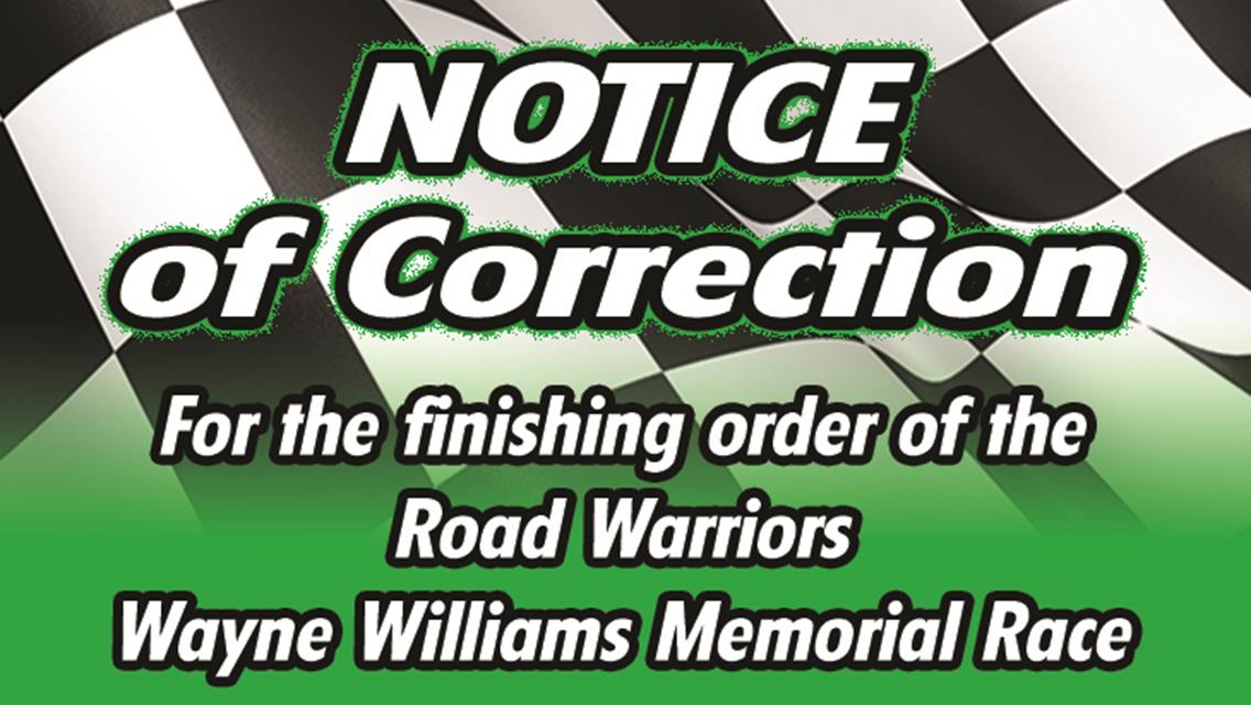 Wayne Williams Memorial Race finishing order for Road Warriors