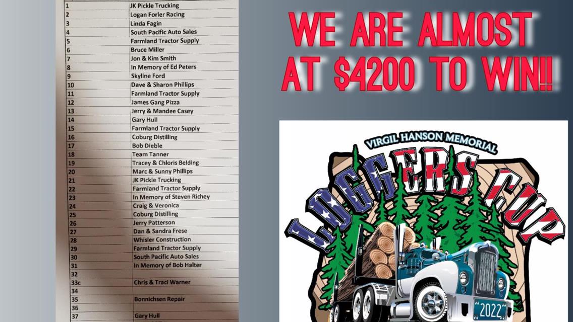THANK YOU LAP SPONSORS!!  LOGGER&#39;S CUP WILL PAY $4200 TO WIN!  LAPS HAVE ALL BEEN SOLD!!