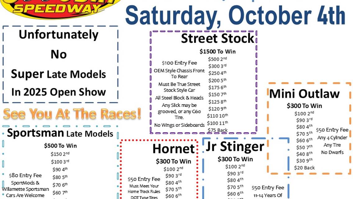 Prather Family Open Show – October 4 at Coos Bay Speedway