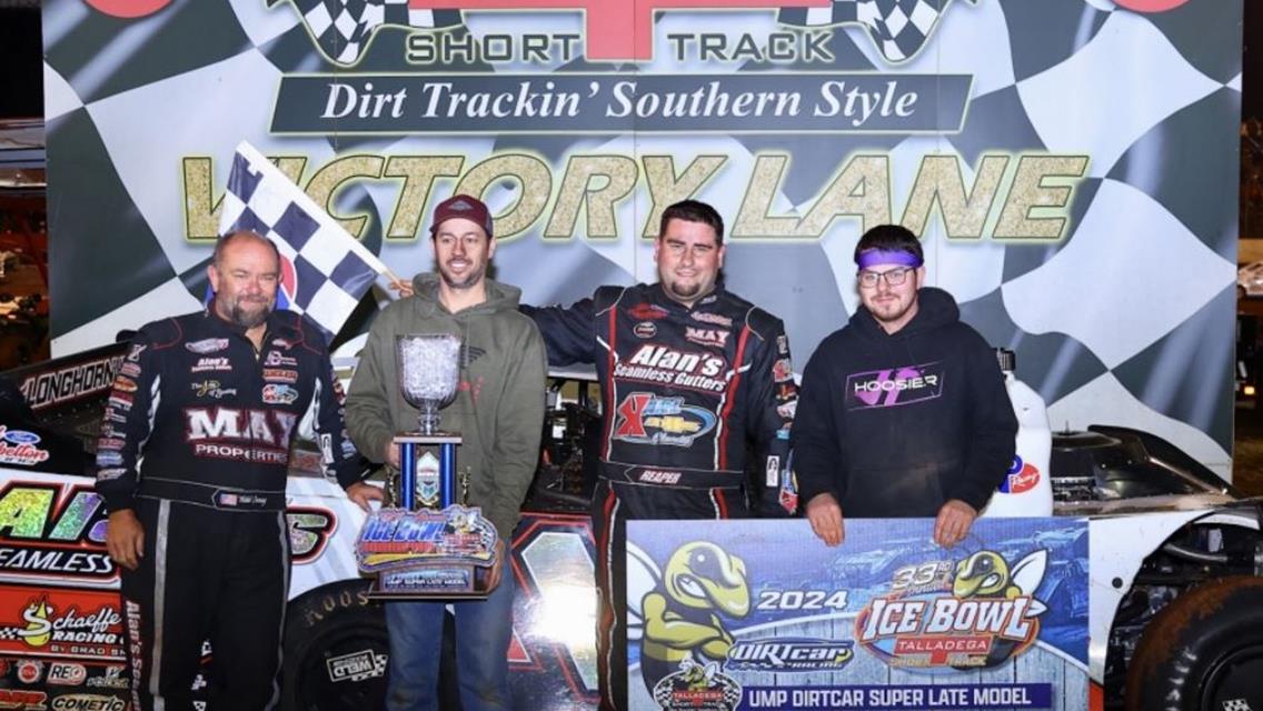 Ryan Gustin scored the $7,500 Super Late Model win during the Ice Bowl XXXIII at Talladega Short Track (Eastaboga, Ala.) with his Jay Dickens Racing Engine No. 19 Todd Cooney Motorsports entry. (Josh James Artwork image)

Fellow JDRE client, Oakley Johns finished second.