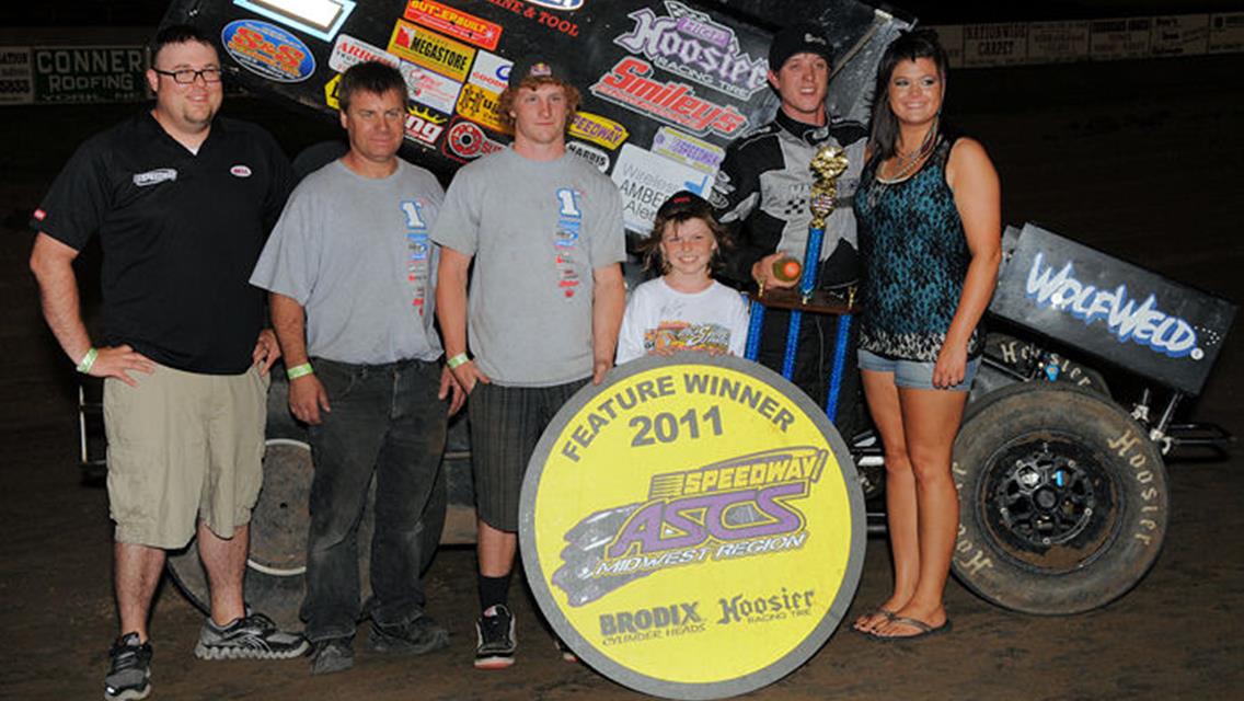 Chad Humston and crew in Speedway Motors ASCS Midwest victory lane after topping Thursday night&#39;s 25-lap feature at Junction Motor Speedway in McCool Junction, NE. (Lonnie Wheatley)