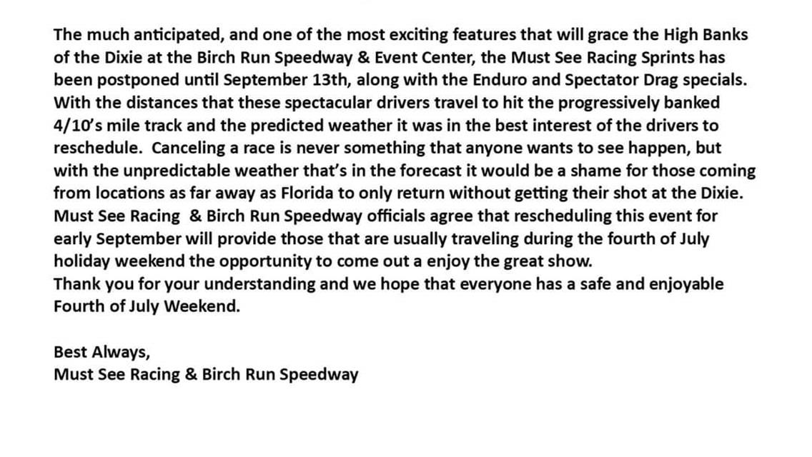 Races for July 5th have been postponed until September 13th!