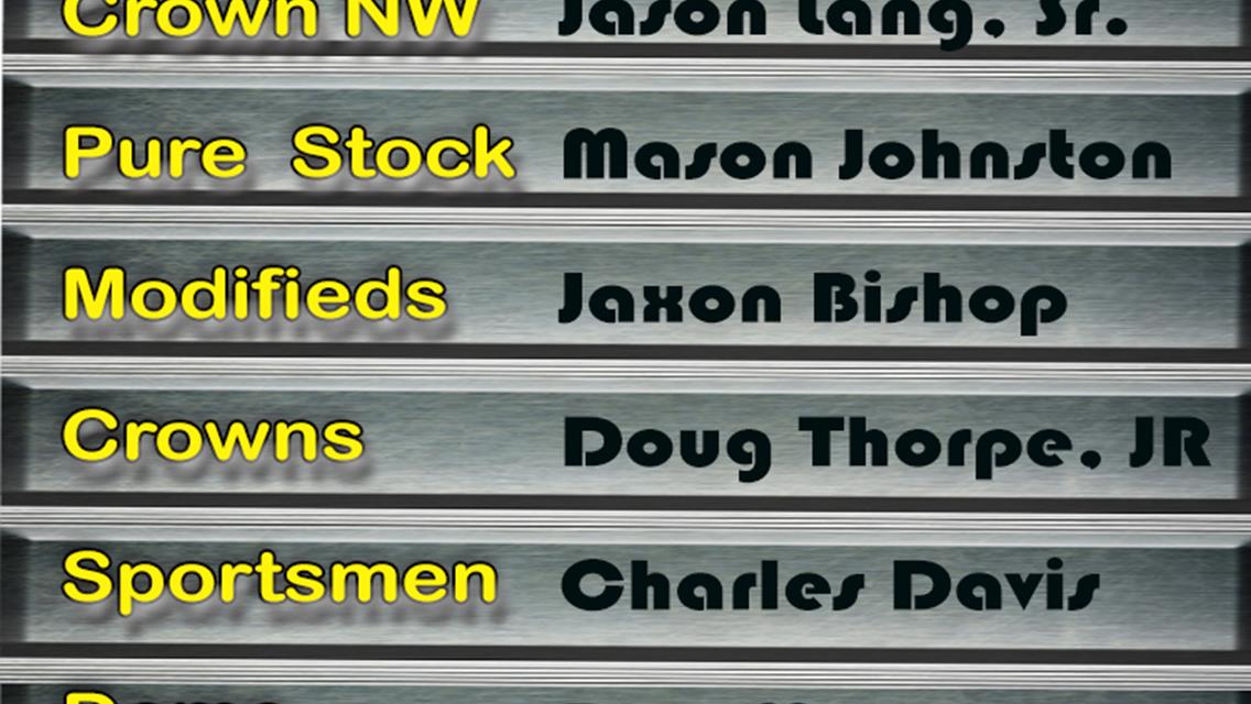 Johnston Wins 6th Straight Pure Stock race, Jaxon Bishop Takes Mod 50, Thorpe in Crowns, Davis wins Sportsmen; Don Meyer Wins Demo Derby..