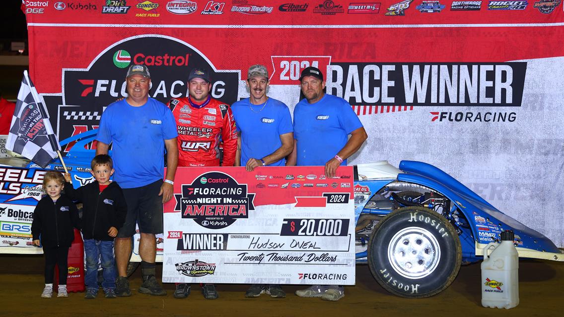 Hudson O&#39;Neal scored the $20,000 Castrol FloRacing Night in America win at Brownstown Speedway on Sept. 25.