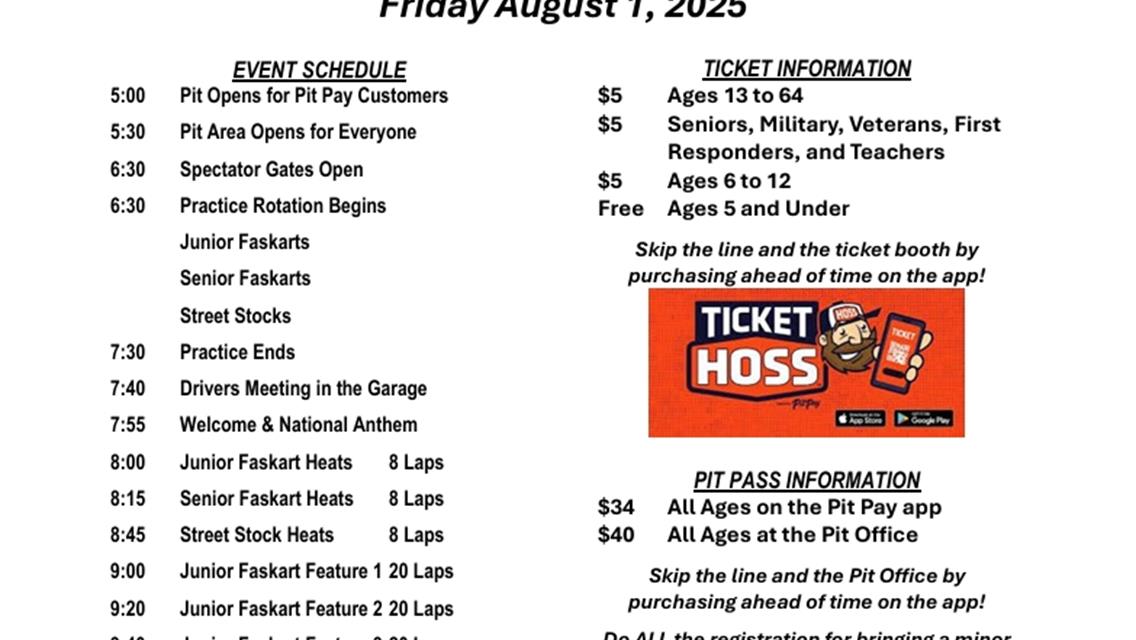 RACING TONIGHT HAS BEEN POSTPONED TO NEXT FRIDAY, AUGUST 1ST DUE TO INCLEMENT WEATHER