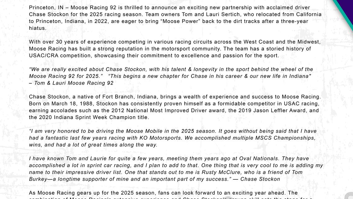 It&#39;s official: Chase Stockon To Wheel The Moose 92