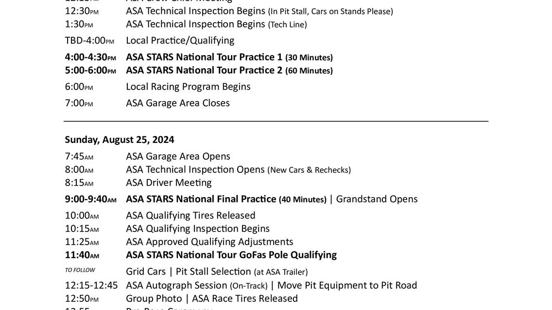 August 24-25th Race Day Schedules