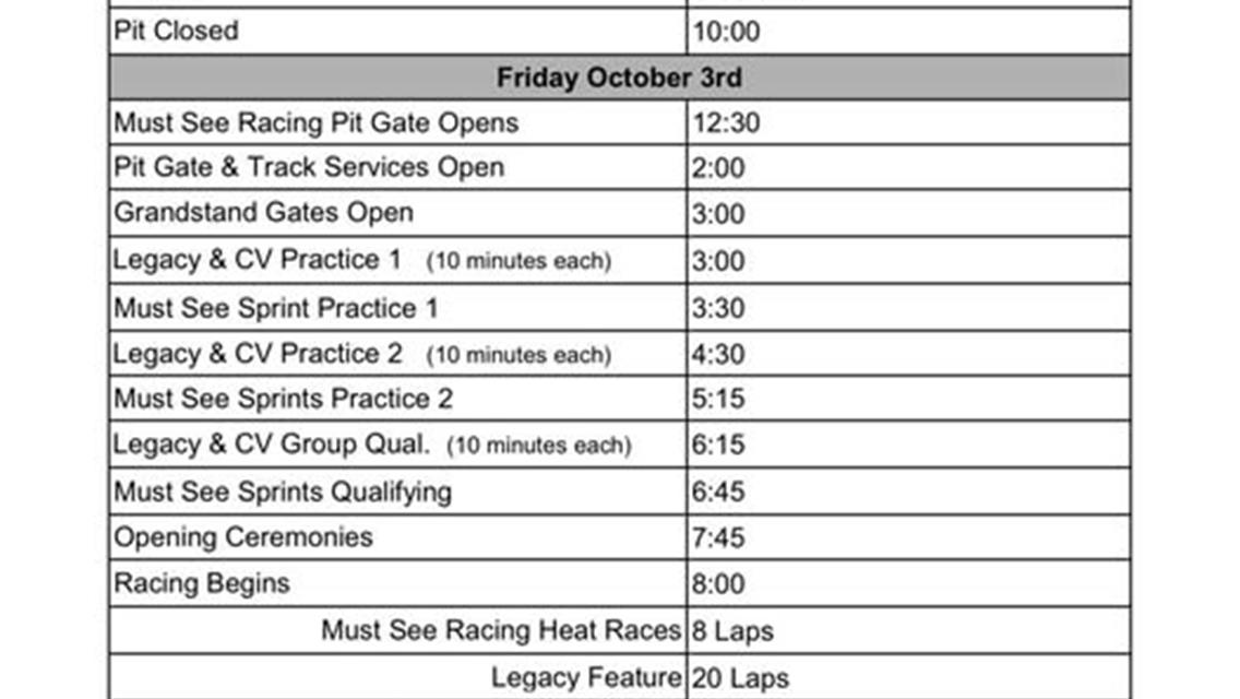 Schedule Set for Friday Sprints, Legacy and Crowns