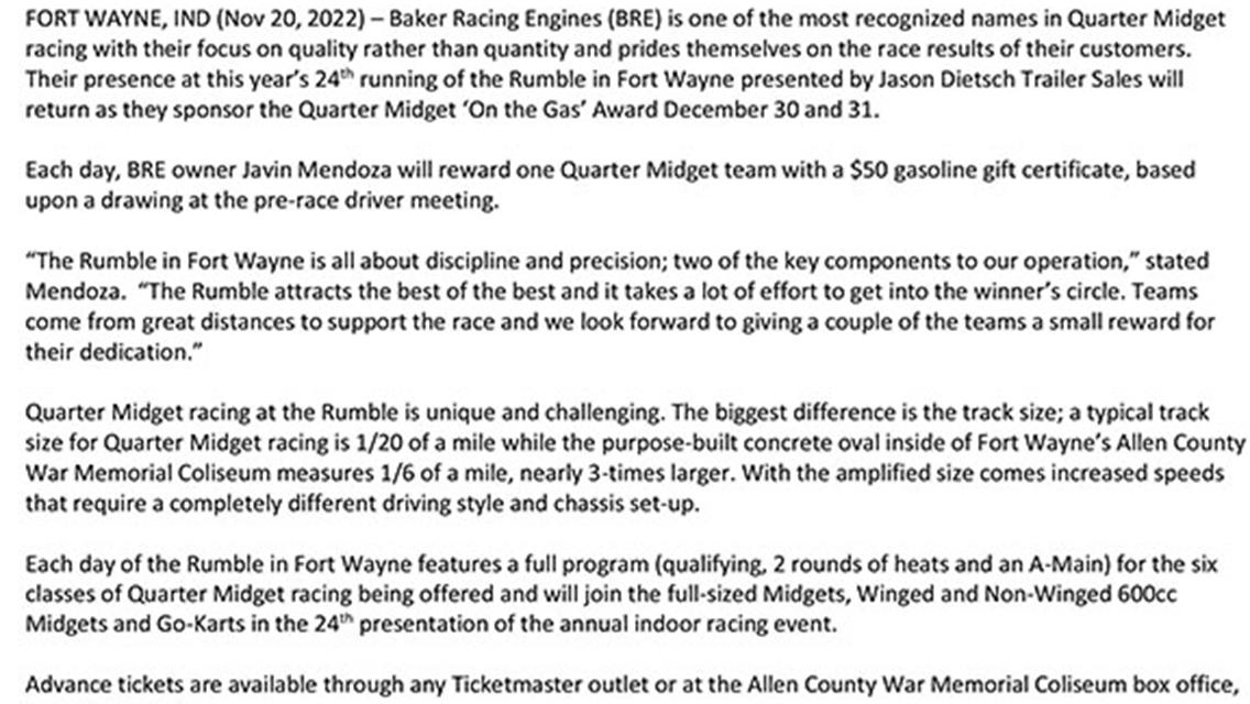 Baker Racing Engines returns as Rumble 24 Quarter Midget sponsor