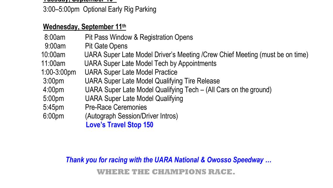 Race Day Schedule for Love&#39;s Travel Stop 150 (Sept. 11)