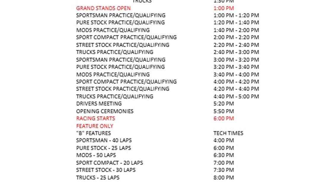 September 13th Race Day Schedule