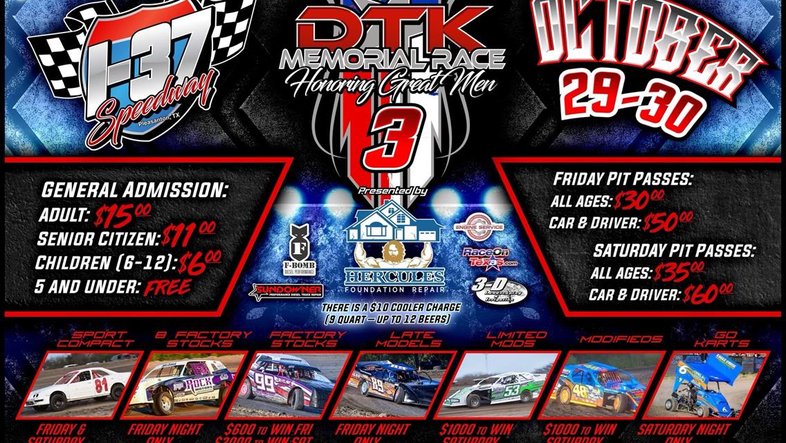 DTK Memorial Race October 29th &amp; 30th at I-37 Speedway