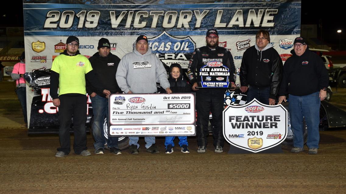 Gustin rallies to capture MLRA Fall Nationals opener at Lucas Oil Speedway