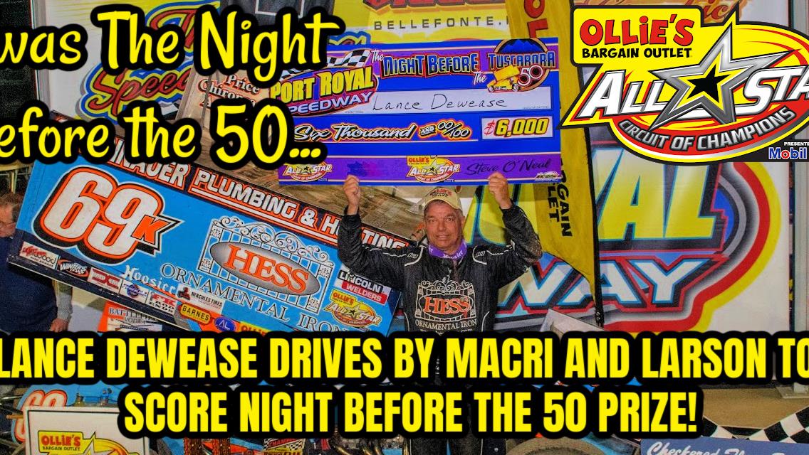 Lance Dewease drives by Macri and Larson to score Night Before the 50 prize at Port Royal Speedway