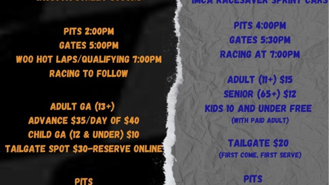 Come join us for the Workd of Outlaw Late Models Thursday and Imca Race Saver Sprints Friday