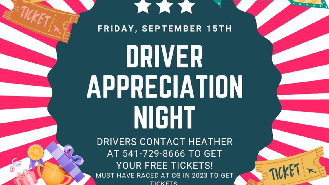 PRIZES &amp; FREE TICKETS FOR DRIVERS, FRIDAY SEPTEMBER 15TH!! CHAMPIONSHIP NIGHT SATURDAY!!