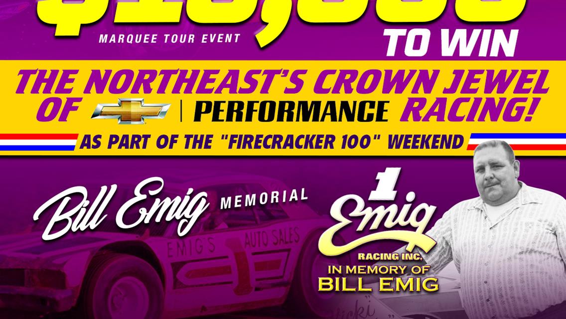 PACE RUSH LATE MODEL TOUR SET TO JOIN THE WORLD OF OUTLAWS LM AT LERNERVILLE&#39;S &quot;FIRECRACKER&quot; JUNE 25-27; $10,000 TO-WIN &quot;BILL EMIG MEMORIAL&quot; PRESENTED