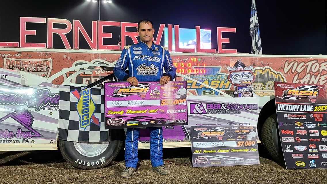 MAX BLAIR VICTORIOUS IN &quot;BILL EMIG MEMORIAL&quot; PRESENTED BY SUNOCO FOR FLYNN&#39;S TIRE TOUR FOR 3RD TIME IN 5 YEARS AT LERNERVILLE BUT HIS RICHEST AT $20,0