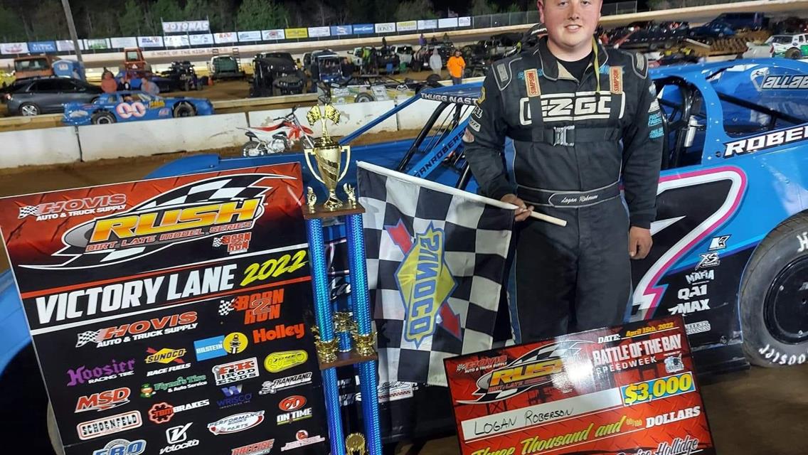 LOGAN ROBERSON ENDS 3-YEAR WINLESS DROUGHT ON FLYNN’S TIRE TOUR BY OUT-DUELING DEFENDING CHAMP KYLE HARDY AT POTOMAC’S HOVIS RUSH LATE MODEL 3C GRAPHI