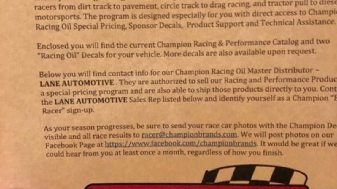 Champion Oil 2021 Elite Racer Program