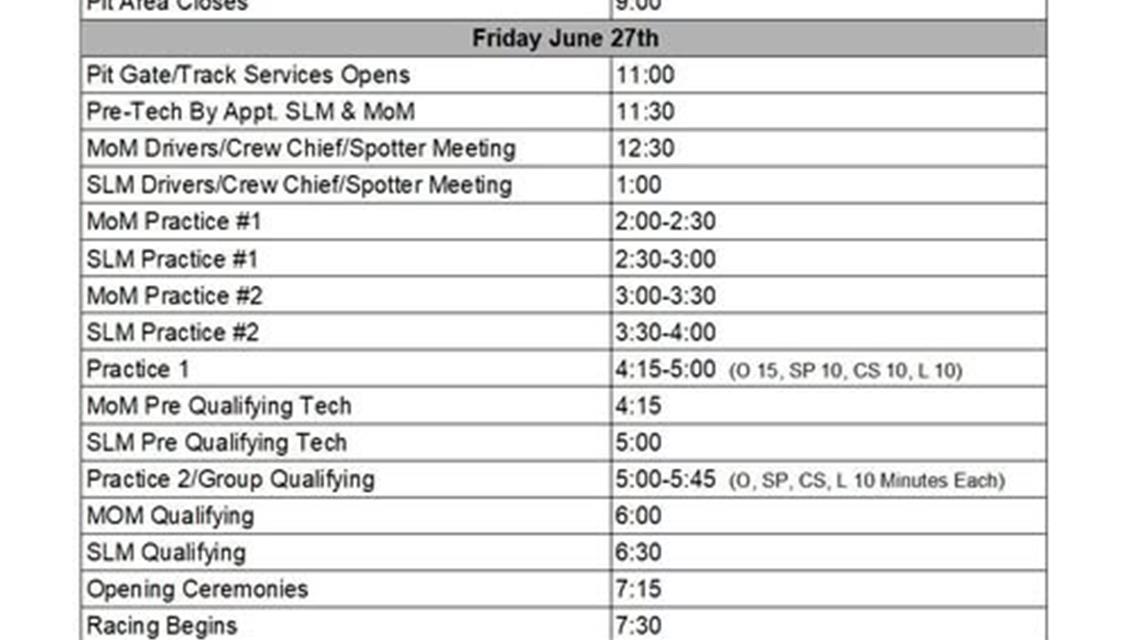 Detail Schedule for 6 Features on June 27, including 100 lap Blizzard.