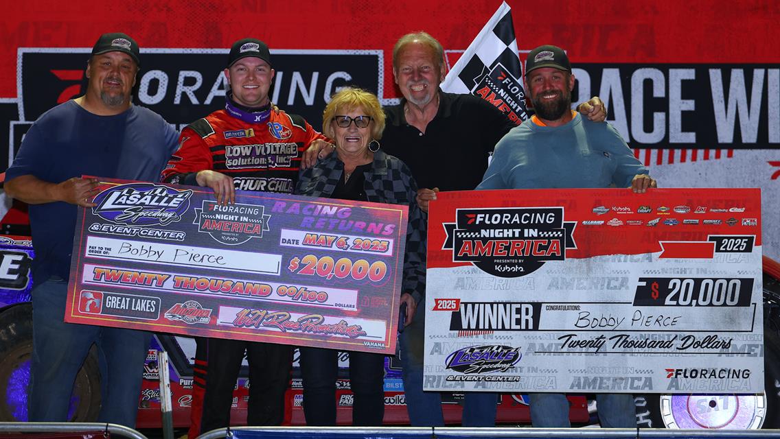 Bobby Pierce and father Bob Pierce are joined by (left to right) promoters Tony Izzo Jr., Kerry Izzo and Justin McCoy. Bobby Pierce earned $20,000 in May 6&#39;s FloRacing Night in America presented by Kubota opener at La Salle (Ill.) Speedway.
