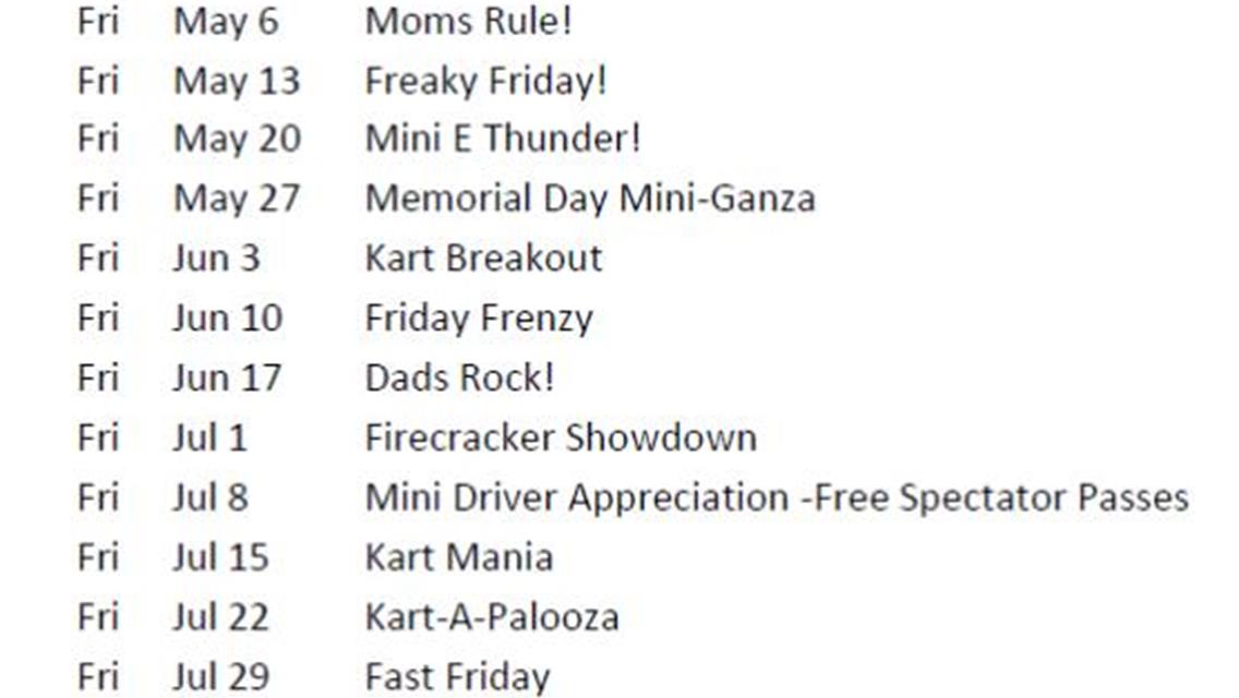 2016 Mini E Raceway Tentative Schedule