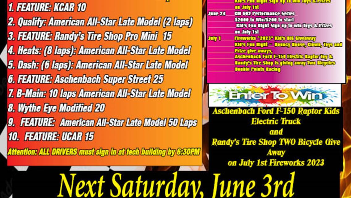 Sunday - Mayhem in the Mountains - American All-Star Late Model Series - Schedule of Events - May 28. 2023