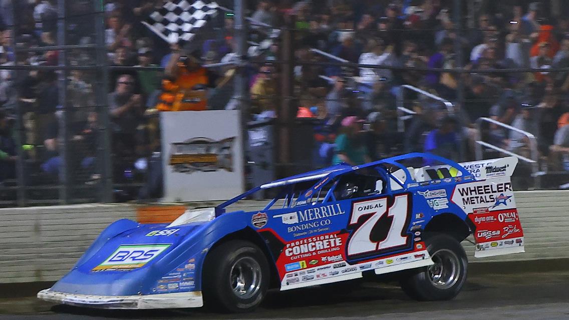 Hudson O&#39;Neal scored the FloRacing Night in America victory presented by Kubota on Tuesday, May 13 at Marshalltown (Iowa) Speedway (Josh James Artwork image)