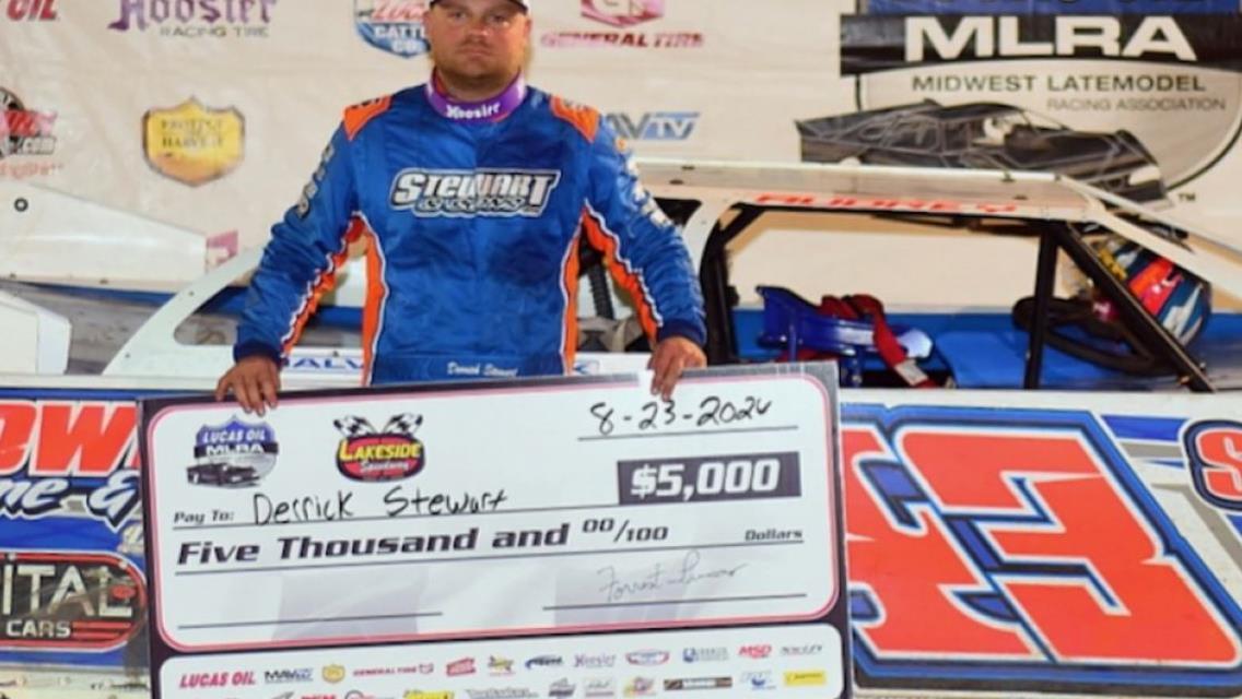 Derrick Stewart banked his first-career Lucas Oil Midwest Late Model Racing (MLRA) victory on Friday, August 23 at Lakeside Speedway (Kansas City, Kan.). (Todd Boyd image)