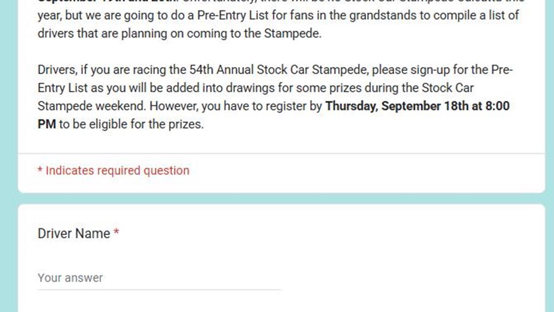 54th Annual Jamestown Stock Car Stampede - Pre-Entry List