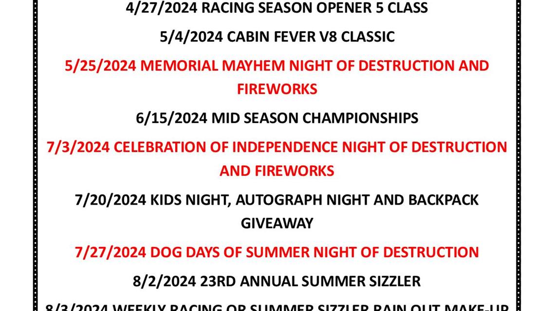 2024 Key Racing Dates and Night of Destruction Schedules