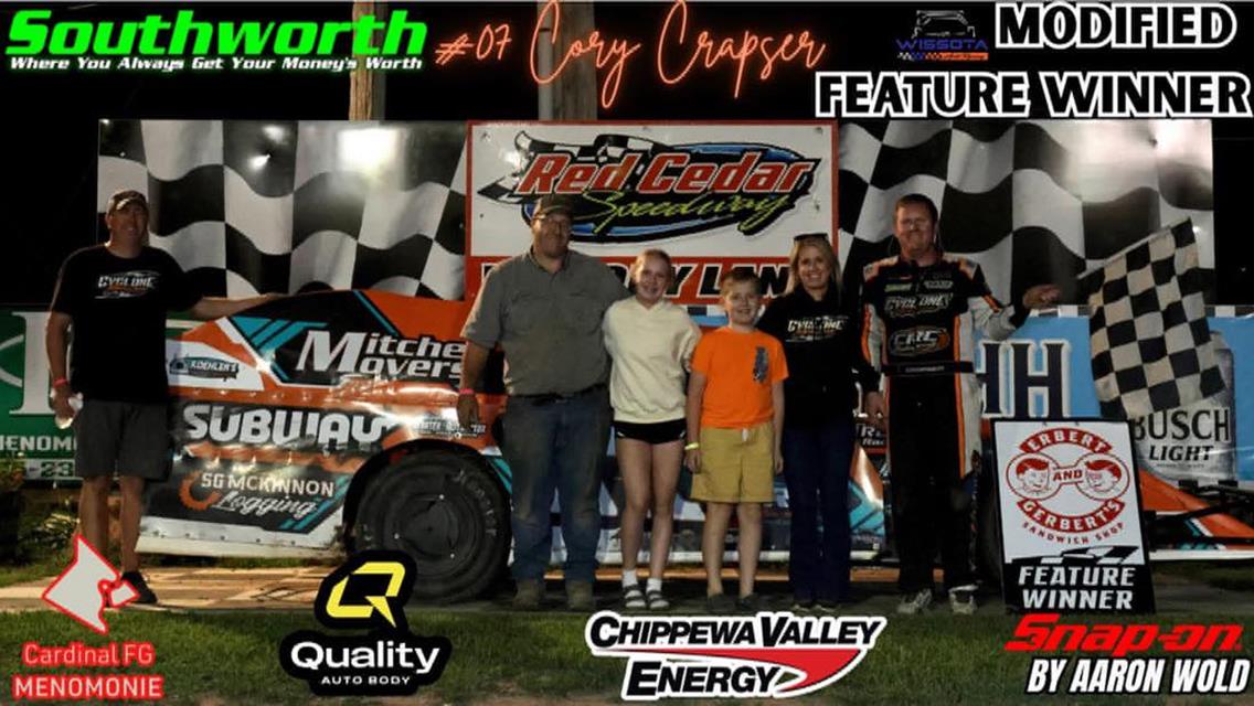 Cory Crapser earned a Wissota Auto Racing Modified victory at Red Cedar Speedway.