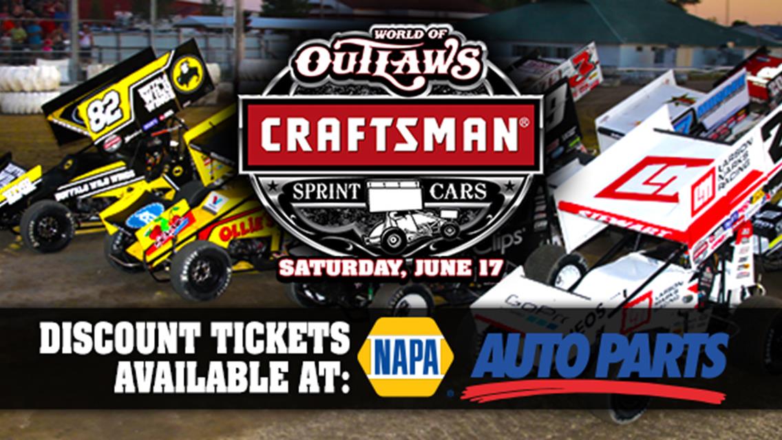 Discount World of Outlaws tickets available at NAPA Auto Parts stores for Red River Valley Speedway event on June 17