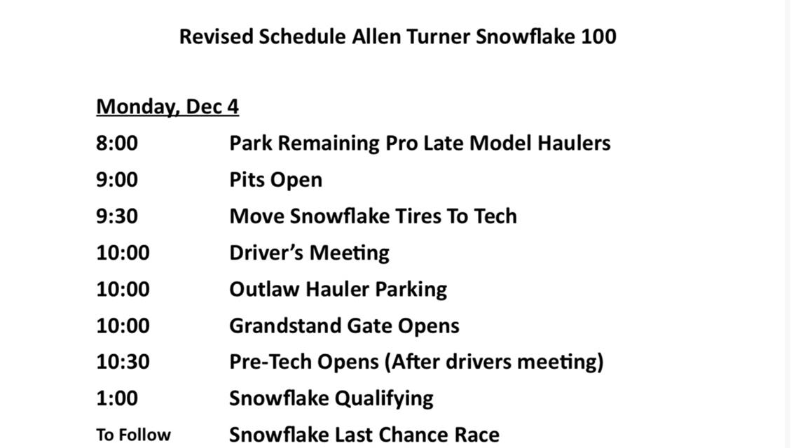 Monday Schedule Update; stands open 10am; Racing at 1pm