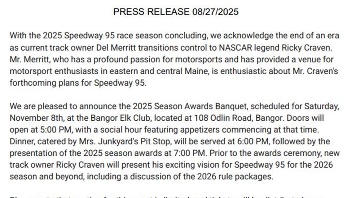 Track Plans will be announced at the Banquet