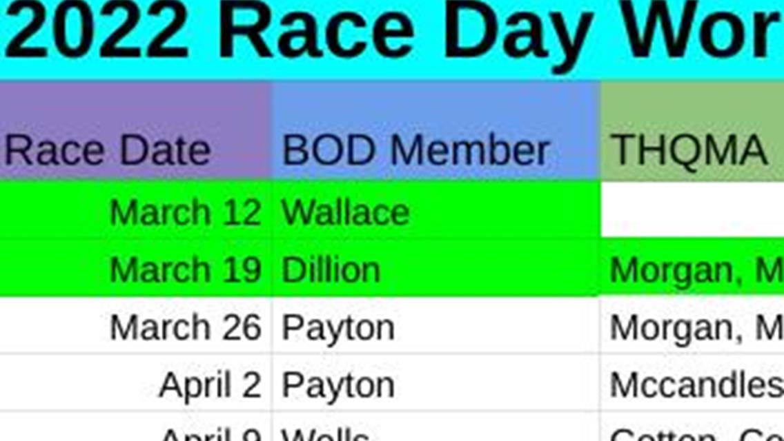 Race Day Work Night Schedule Posted