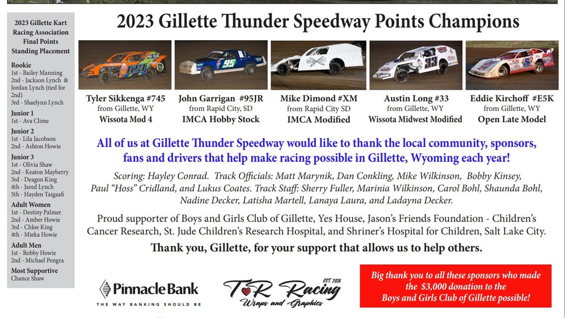 Thank you for the continued support of Gillette Thunder Speedway