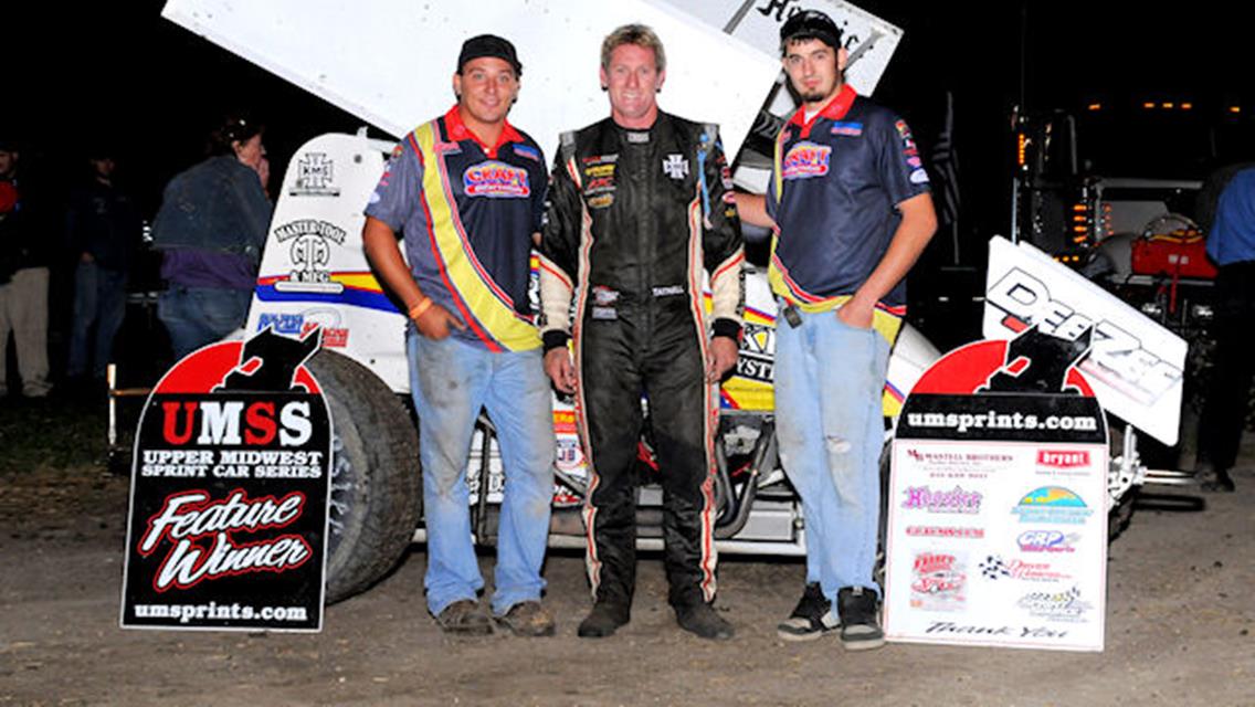 Brooke Tatnell and crew in Victory Lane at KRA Speedway August 16 following his 7th UMSS win of the season.