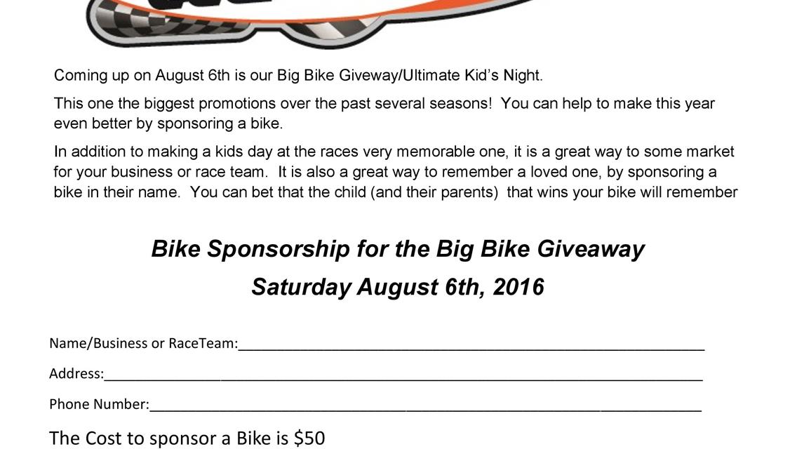 Bike Sponsorship Info for Big Bike Giveaway on Aug. 6