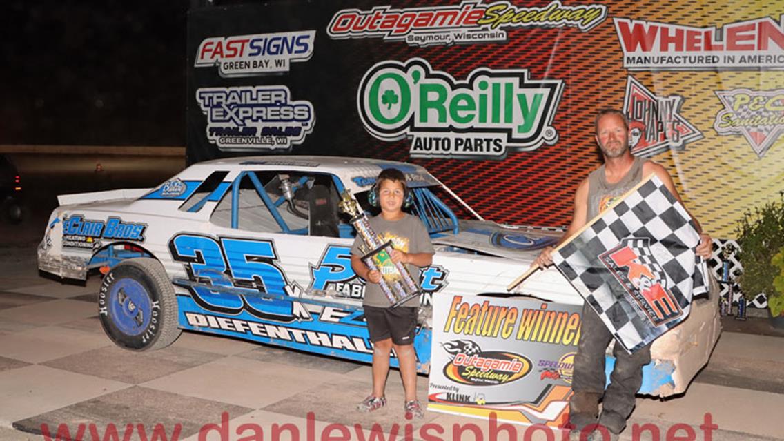 Siefert swipes $1000 IMCA Stock Car payday, Diefenthaler makes it 6 wins in a row at Outagamie Speedway.