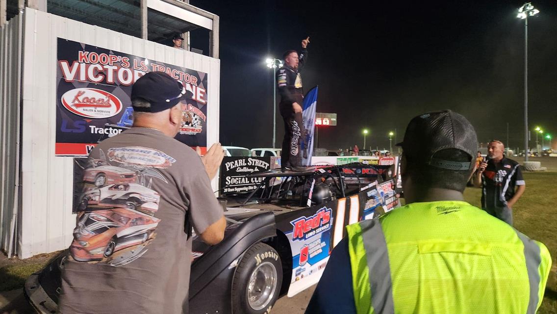 Tom Berry Jr. in victory lane at Benton County Speedway (Vinton, IA) on August 25th, 2024.