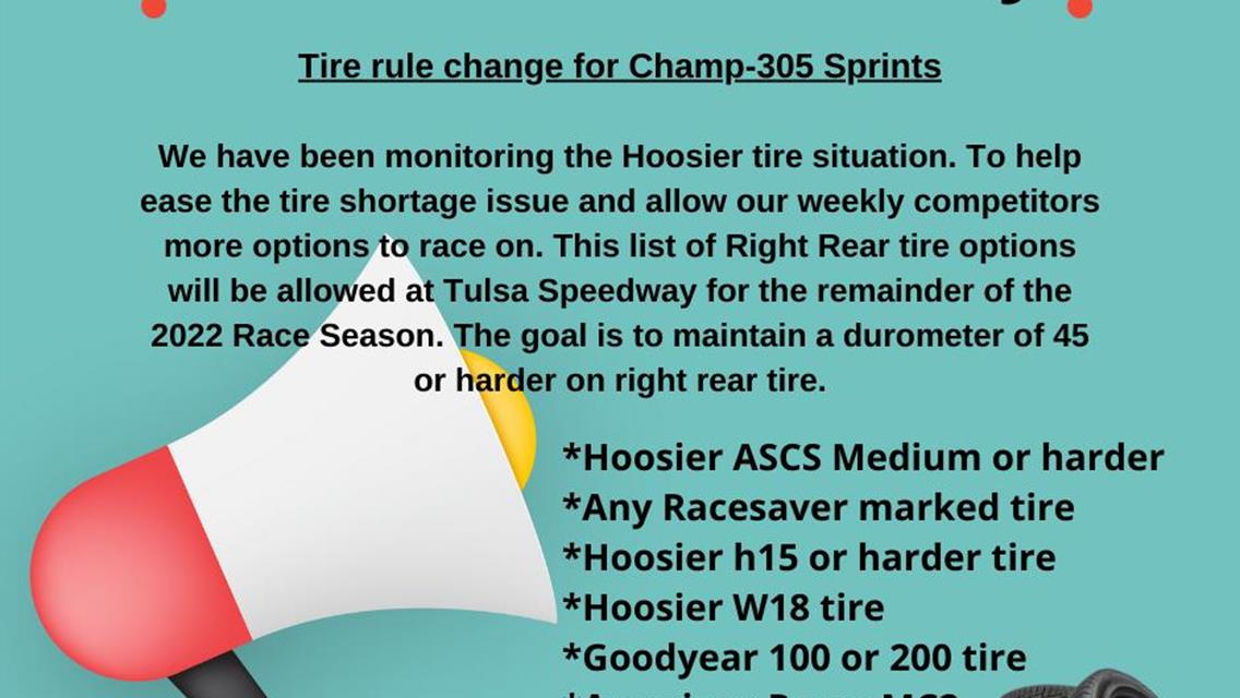 Champ 305 Sprints Tire Change Effective Immediately