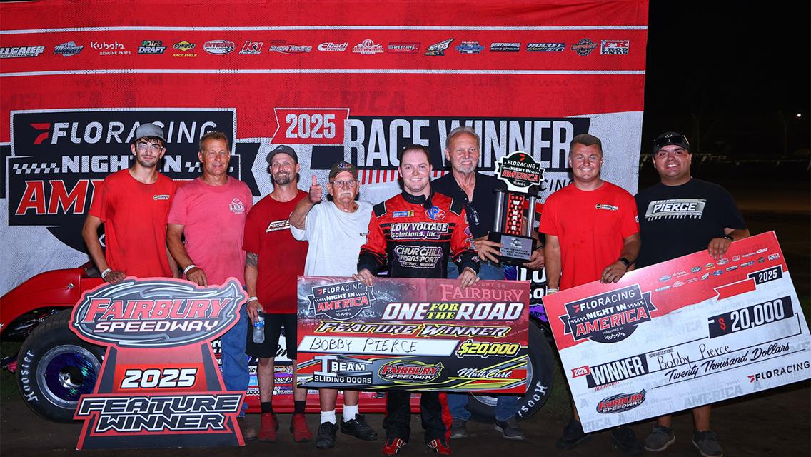 Bobby Pierce collected the $20,000 FloRacing Night in America win at Fairbury Speedway on Wednesday, July 23.