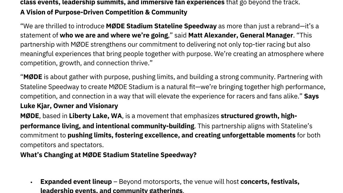 Stateline Speedway Announces Exciting Name Change to MØDE Stadium Stateline Speedway