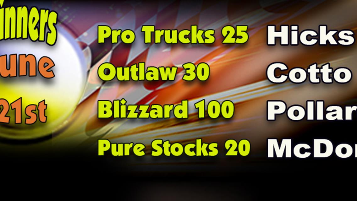 Pollard wins Blizzard; Hicks in Trucks after Boyett DQed; Cotto takes Outlaws after WInslow DQed; McDonald wins Pure Stocks