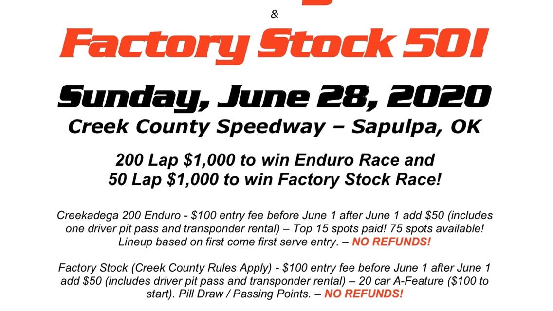 Creekadega 200 and Factory Stock 50 Registration is Open!