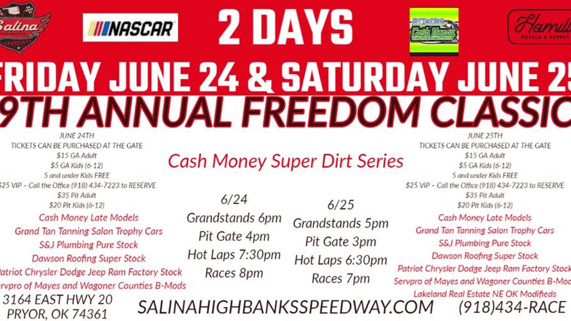 Be sure to join us this weekend June 24th and June 25th for the Freedom Classic with Cash Money Late Models