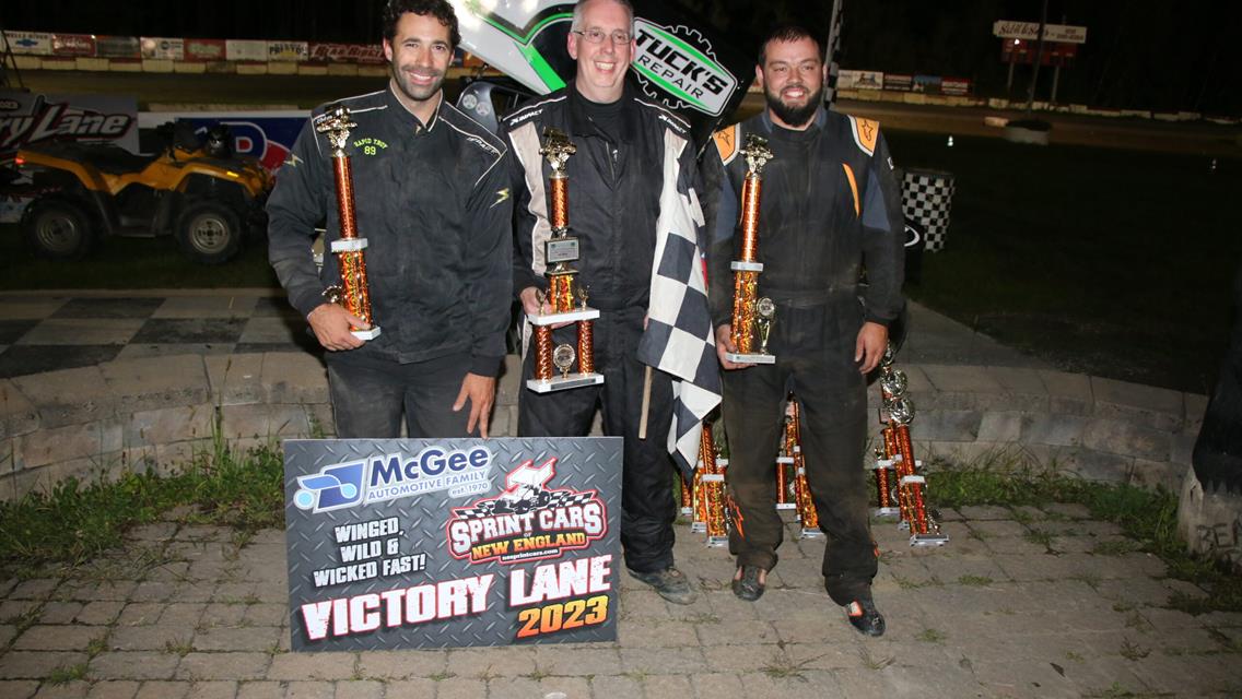 “The Professor” Chris Donnelly wins in the WYKR (when at the Ridge)Sprint Cars of New England Tiellar Mitchell is the king of the heap in the Joe Mama